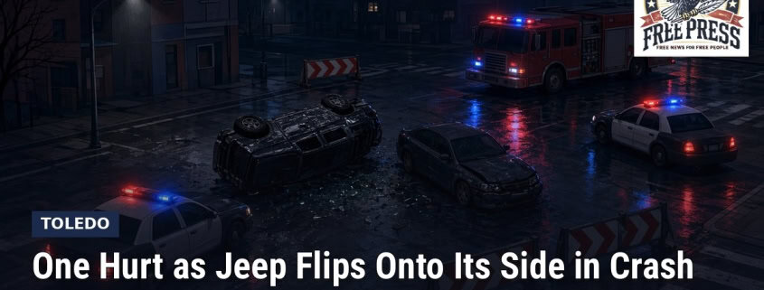 FFP illustration of police cruisers and a fire truck at a night crash scene with an overturned vehicle